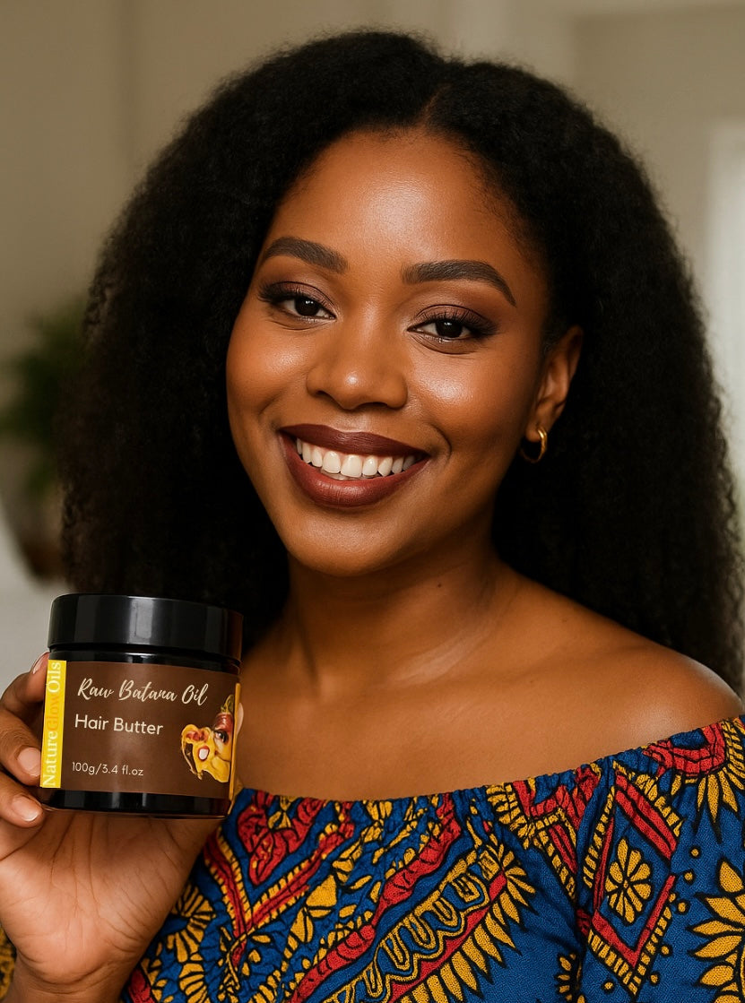 Woman holding a jar of hair butter with a blurred background