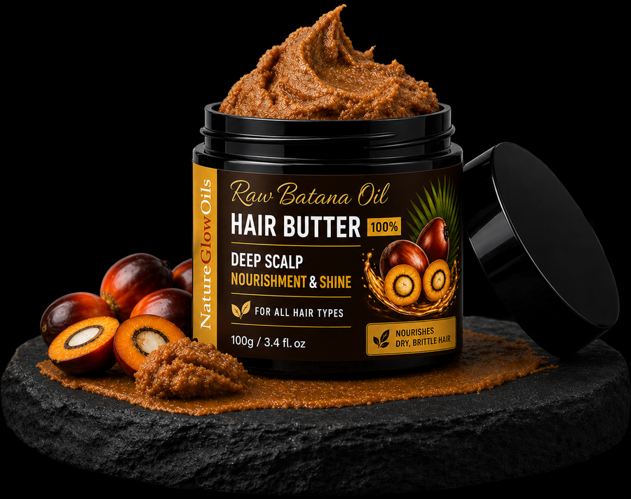 Jar of hair butter with a scoop taken out, surrounded by raw bananas on a dark surface.