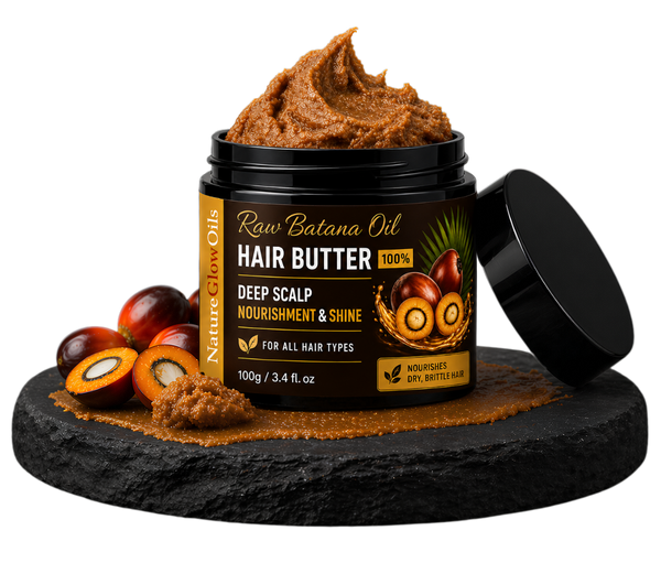 Jar of hair butter with a scoop taken out, surrounded by raw bananas on a dark surface.