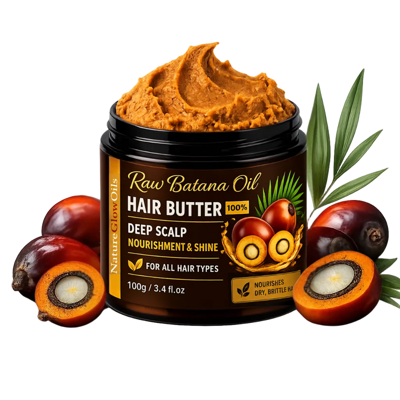 Jar of Raw Batana Oil Hair Butter with banana leaves and fruit on a white background